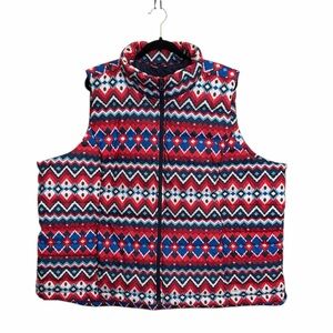 Lands End Down Puffer VestFull Zip Multicolor Aztec Design Size 3X